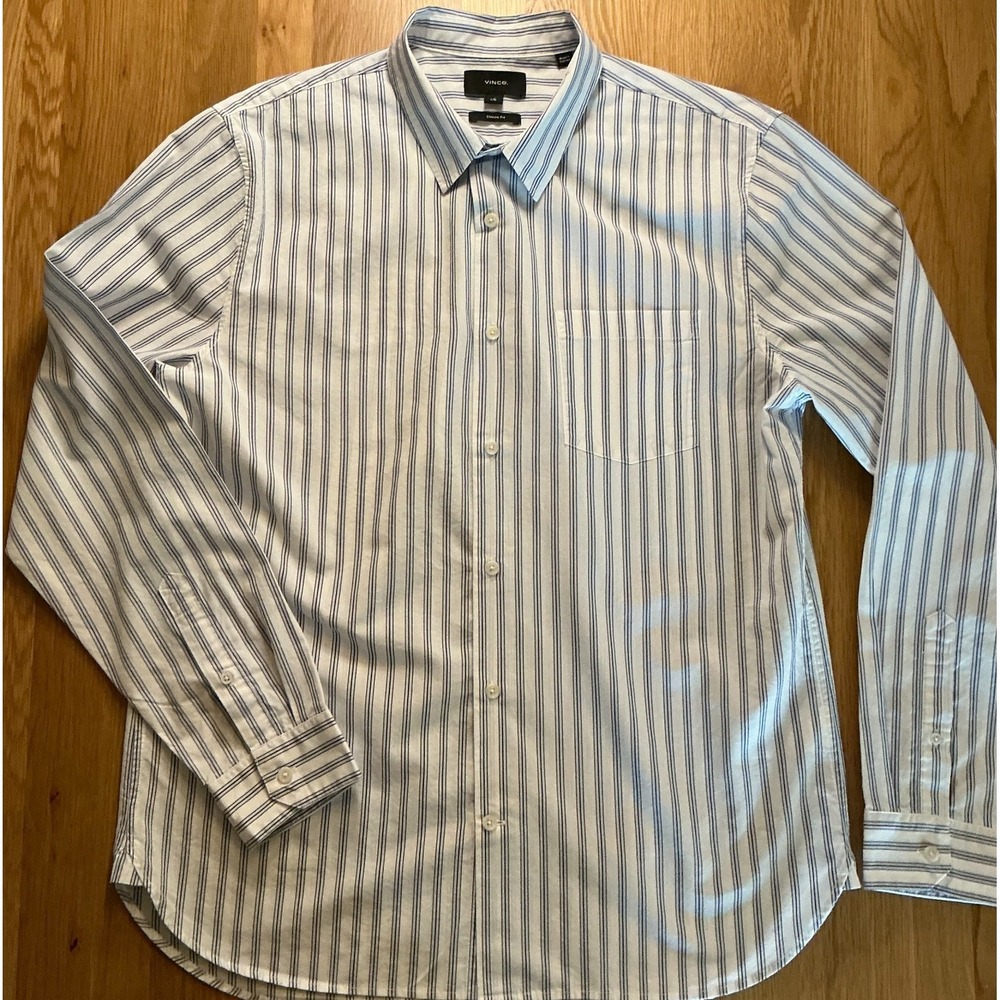 Vince Classic Fit Shirt Mens Large Blue White Stripe Cotton Lyocell Button Down